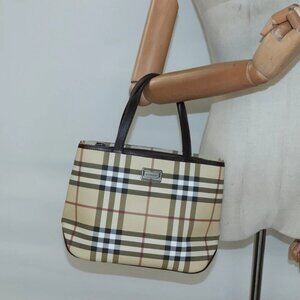 BURBERRY Nova Check Hand Bag PVC Beige Silver Auth ki5862